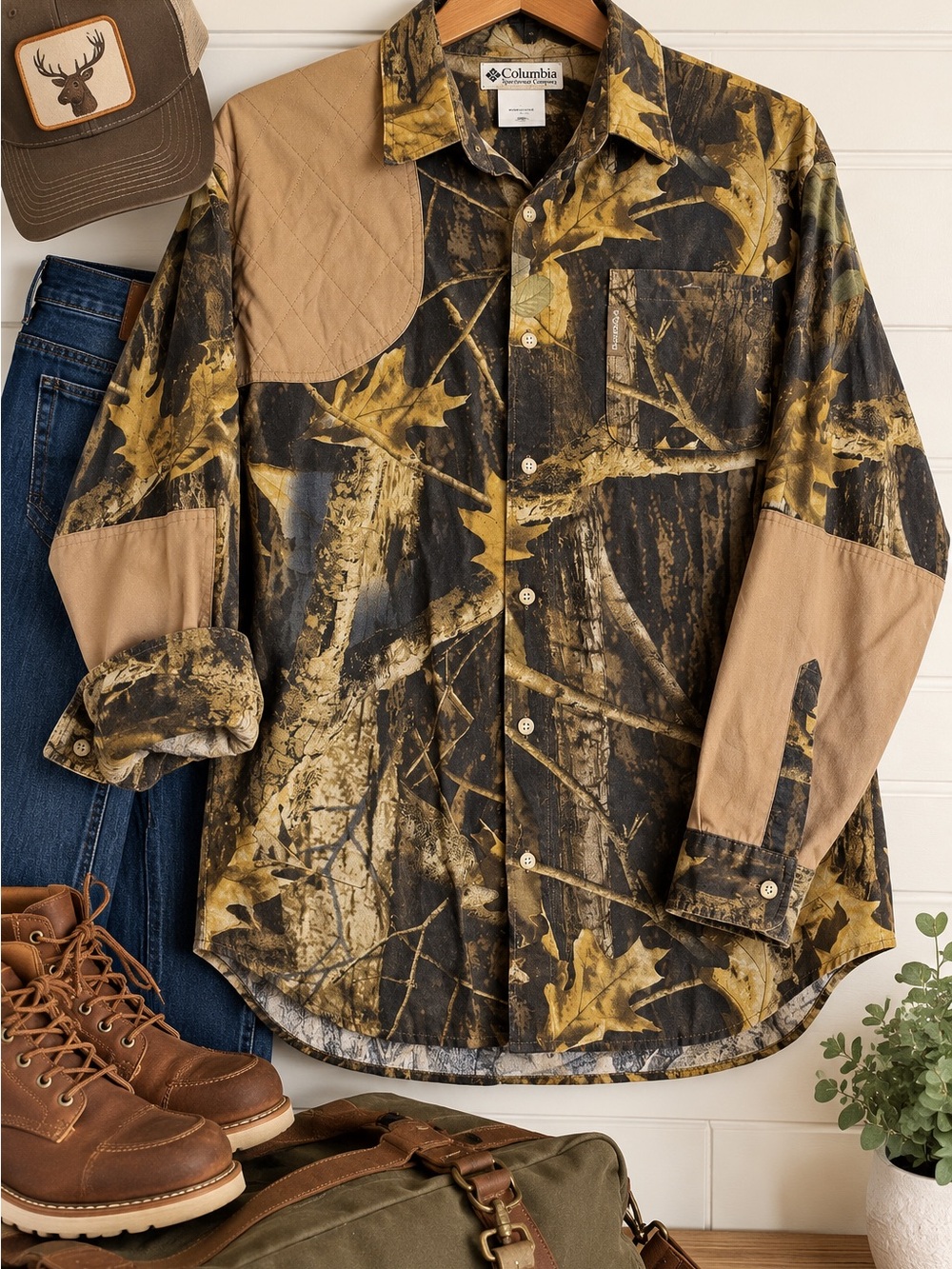Columbia Brown and Olive Camo Button-Down Utility Shirt